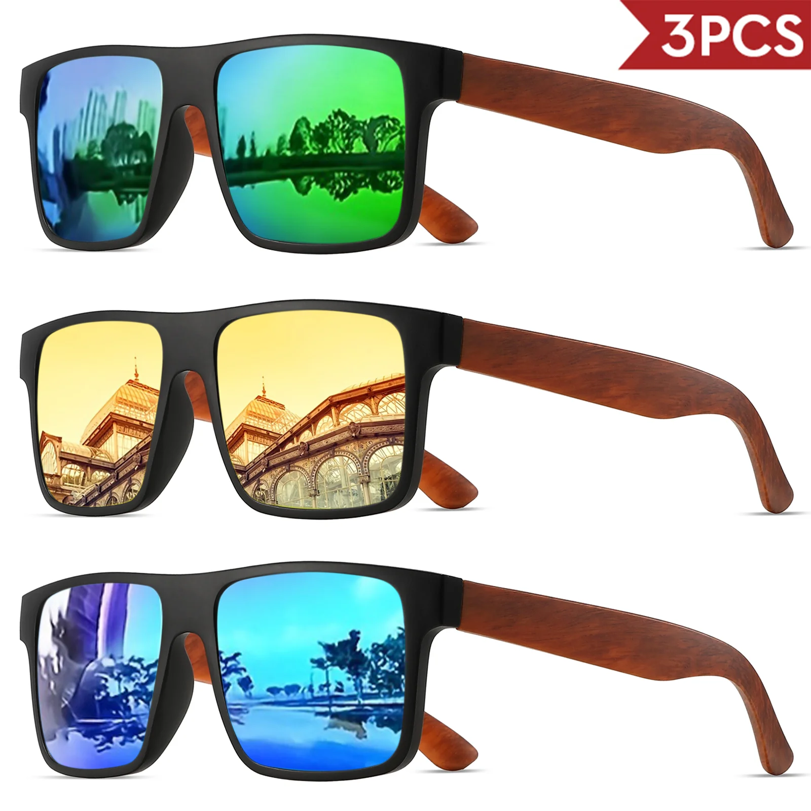 3 Stück polarisierte quadratische Retro-Sonnenbrille – Mahagoni-Holzmaserung, Bügel und Federscharniere, UV400 für Autofahren/Reisen/im Freien