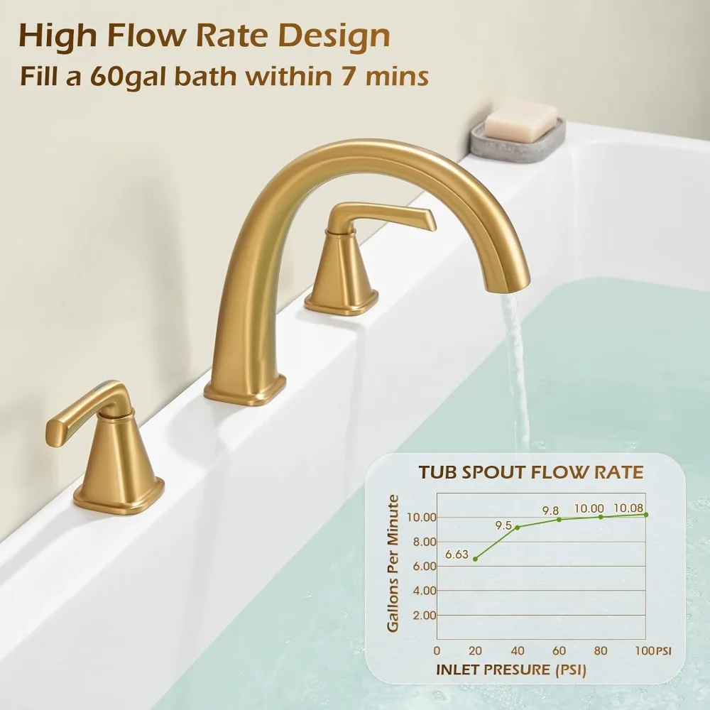 صنبور حوض روماني عالي التدفق معقوفة على سطح السفينة باللون الذهبي المصقول لأحواض الحديقة، 3 فتحات، لمسة نهائية ذهبية مصقولة #2