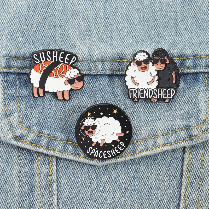 Schaf-Unterstecker, Emaille-Anstecknadeln, lustiges Raumschiff, Freundschaft, Sushi-Broschen, Anstecknadeln, Cartoon-Tier-Schmuck, Geschenk für Freunde
