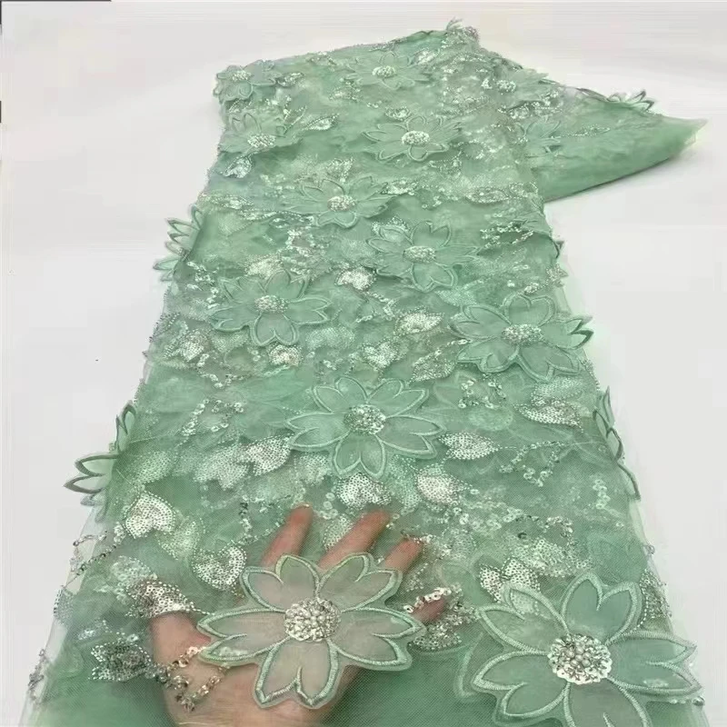 

Handmade French Tulle Lace Fabric 2024 High Quality 3D Flower Embroidery African Beads Lace Fabric for Wedding Dresses ST