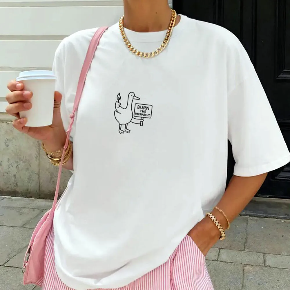 Burn The Patriarchy Letters Printed Female Funny Goose Printing Tops Tees Summer Short Sleeve 100% Cotton Crewneck Loose T Shirt