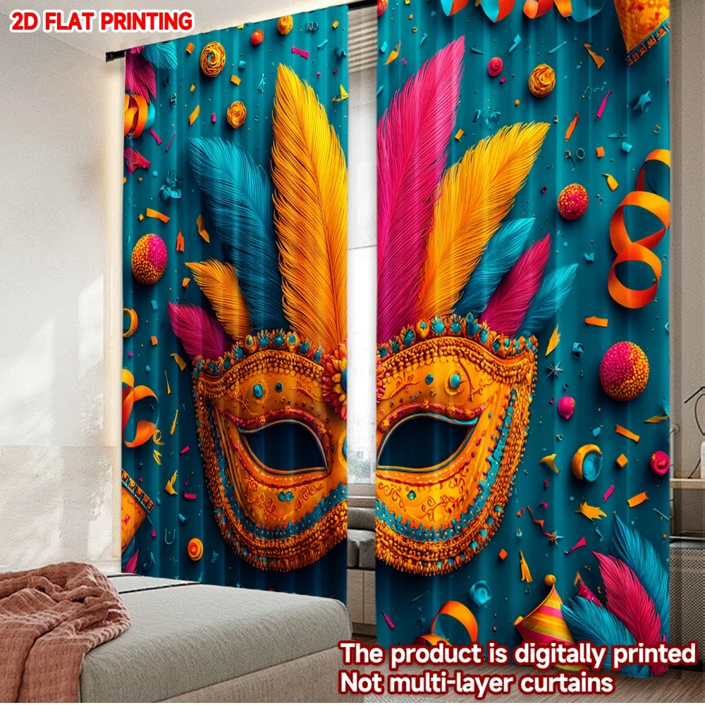 2D flat printing 2pcs Curtain Window Drapes Carnival Mask with Feathers(1) Digital Printed Polyester Drapes Festive Wall Decor