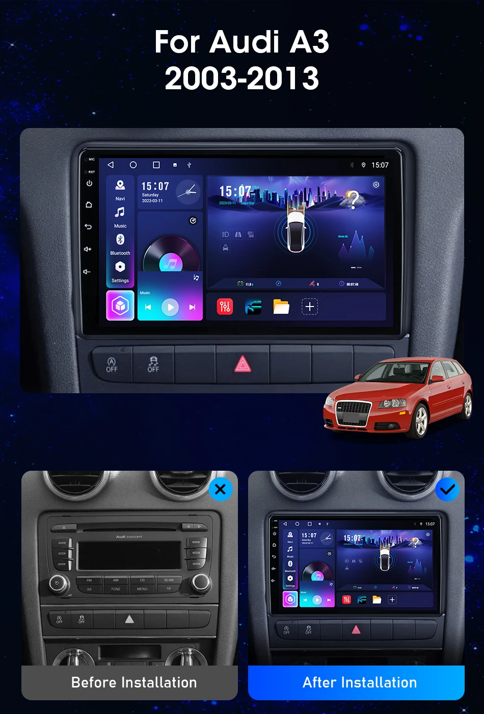 2Din Android Auto & Carplay Autoradio Für Audi A3 2 8P 2003-2013 S3 2006-2012 RS3 2011 2012 GPS Player 4G WiFi Multimedia Stereo – Detail 3