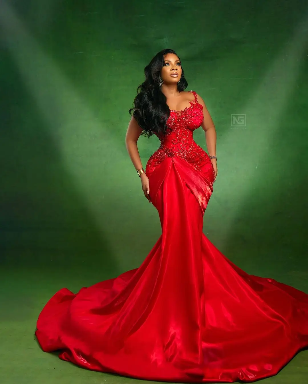 Aso Ebi Style Red Mermaid Wedding Second Dress Plus Size African Beaded Satin Formal Party Dresses Long Train African Prom Dress