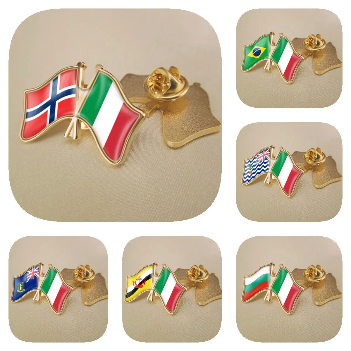 Italy and Burkina Faso Burundi Cambodia Cameroon Canada Cape Verde Double Crossed Friendship Flags Brooches Lapel Pins Badges