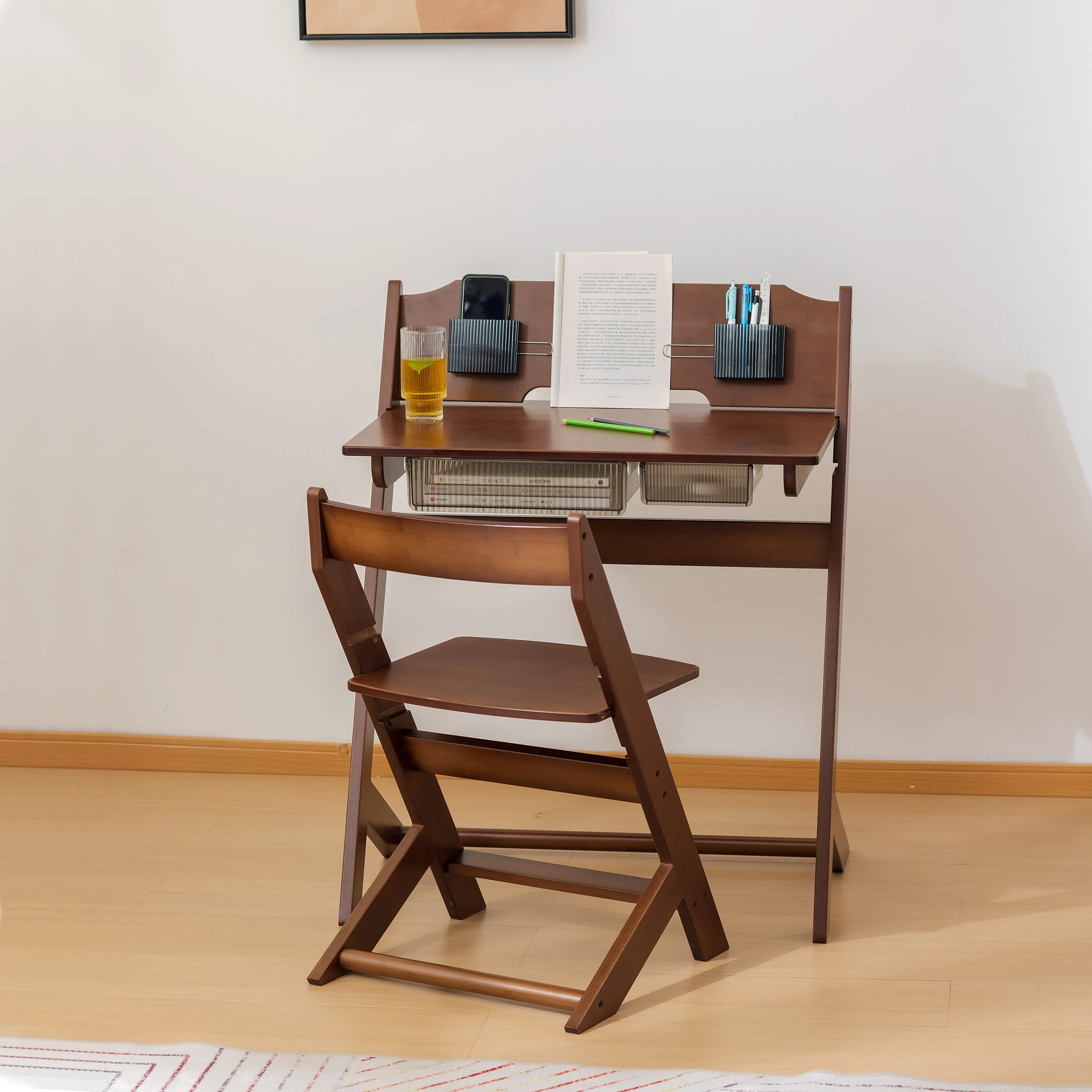 Bamboo Adjustable Height Kids Desk and Chair Set ,Homework Drawing Table Laptop Table Study Desk Writing Table w/Storage Drawer