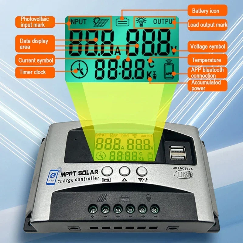 10A/30A/40A/50A/60A 12V-60V Step-down MPPT Solar Controller LCD Display Dual USB Bluetooth APP 18V-150V Wide Voltage Controller