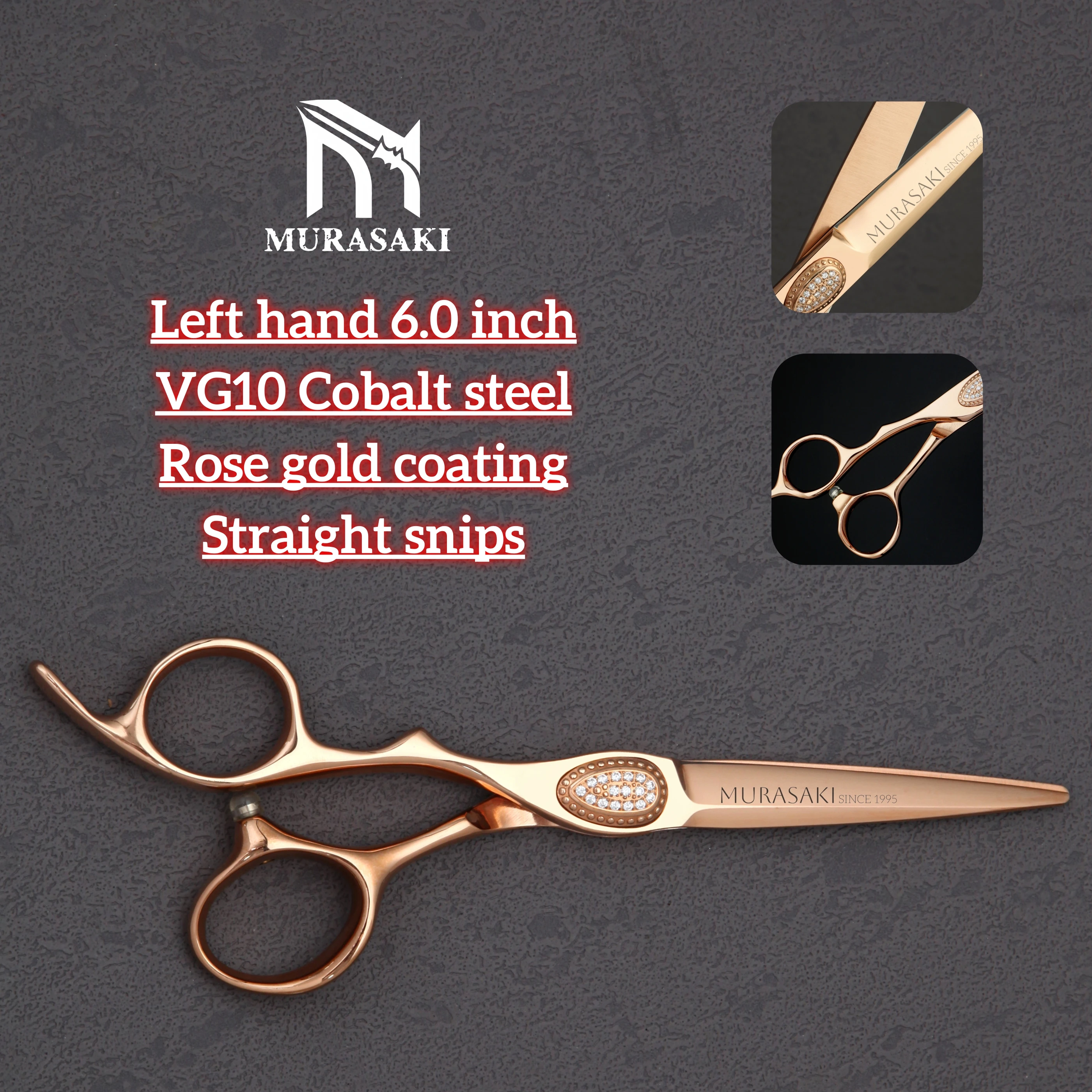 

Профессиональные левые ножницы MURASAKI, парикмахерские шорты с покрытием из розового золота 6,0-7,0 дюйма, стальные инструменты для стрижки волос высшего уровня VG10
