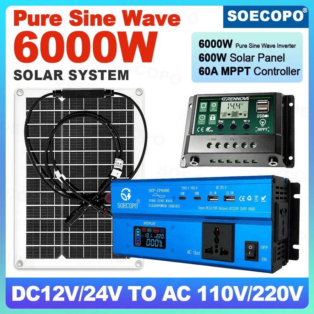 Solar Energy Kit 6000W Peak Clean Power for RV Camping Pure Sine Inverter + 600W Panel + 60A MPPT Charging DC12V/24V AC110V/220V