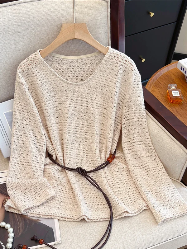 

Bohemian Mid-Length Sun Protection Cover up Women's Spring Fashion Thin Veil Mesh Hollow out Yunnan Travel Outfit Waist-Cinch...