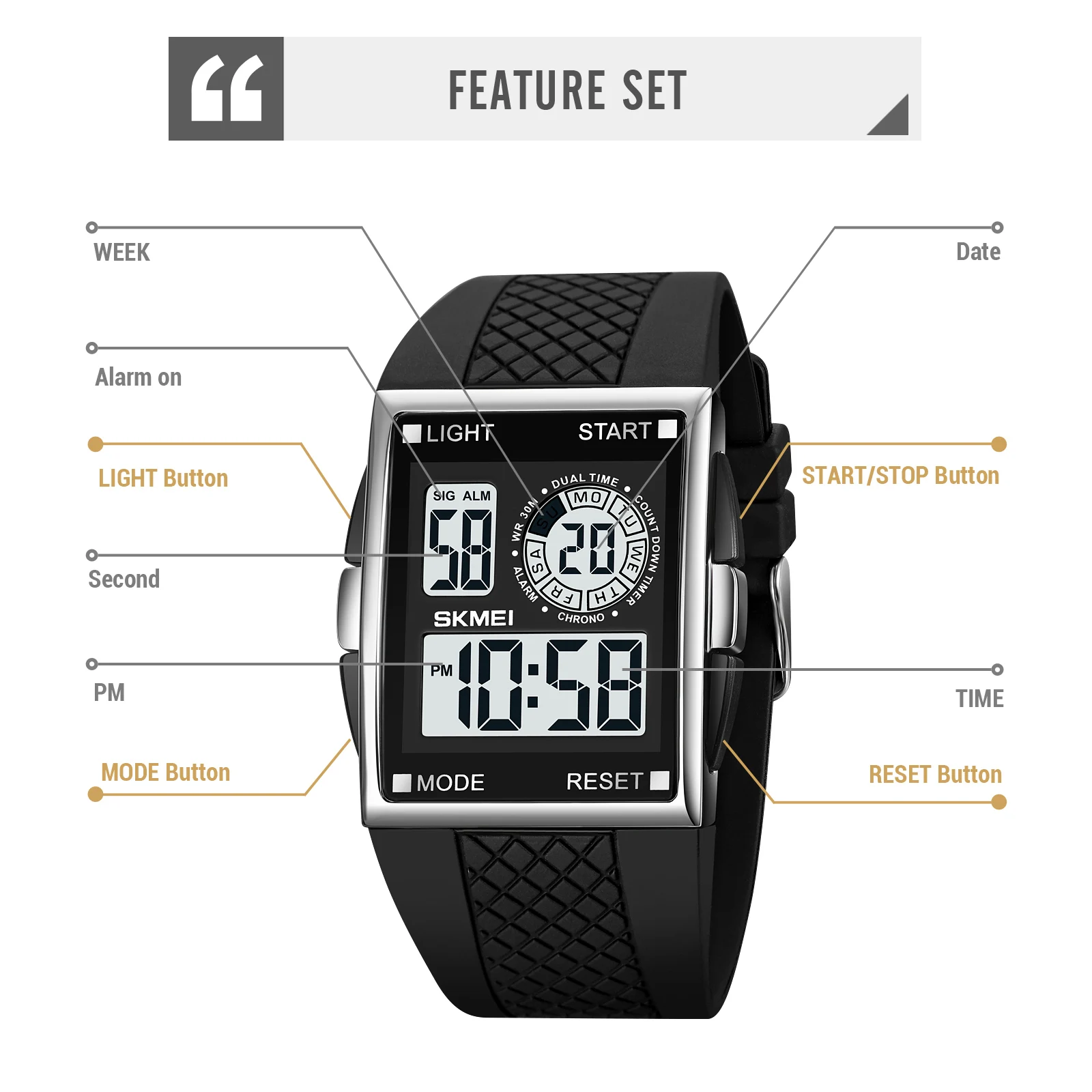 SKMEI ساعة رجالي ساعة حركة رقمية رجالي عسكري 3Bar إضاءة مقاومة للماء ضوء ساعات المعصم الإلكترونية ساعة reloj hombre