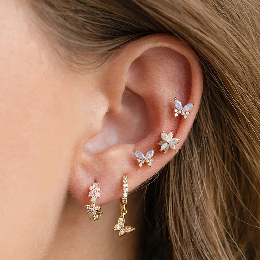 5Pcs Butterfly Flower Earrings Set for Women, Gold Plated Cubic Zirconia Studs & Huggie Hoops Dangle, Dainty Sparkly Jewelry