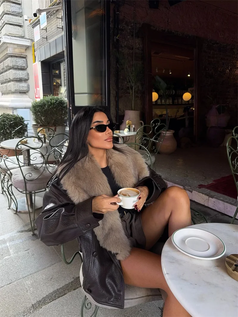 سترة نسائية من الجلد الصناعي مع ياقة قابلة للفصل وياقة كبيرة من الفرو كاجوال من الجلد الدافئ للخريف والشتاء #5