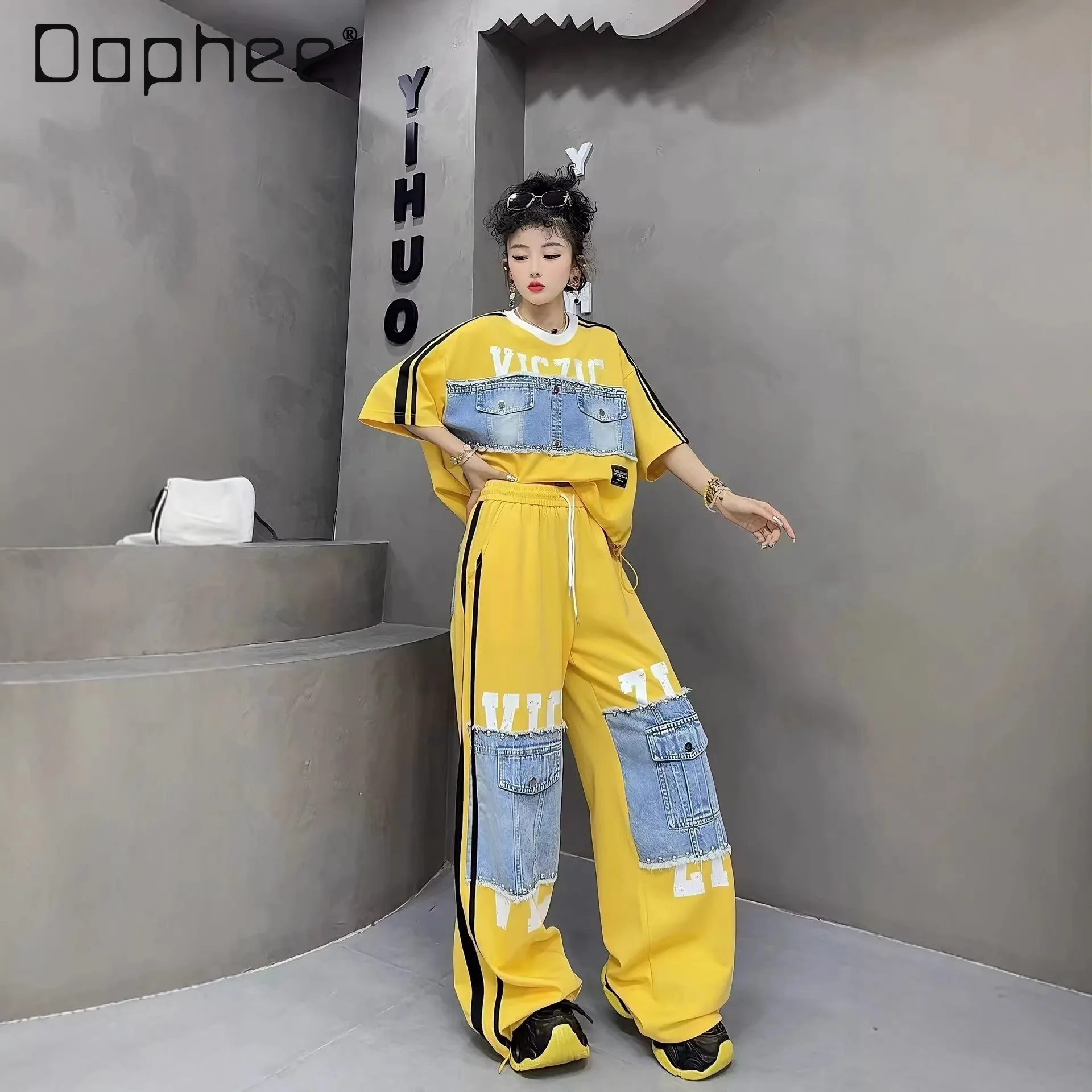 

European Trend Suit Women's 2026 Summer New Denim Splicing Loose Short-sleeved Letter Printing Straight-leg Pants
