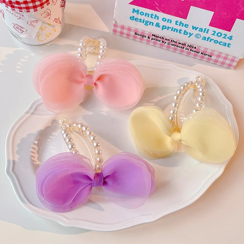 2026 Neue Sommer-Organza-Haarspangen mit Schleife für Damen und Mädchen, modische Kunstperlen, schonende Haarhalter für Pferdeschwänze, Haar-Accessoires – Detail 5