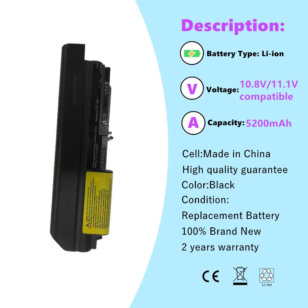 Laptop Battery for Lenovo ThinkPad R61 T61 R61i R61e R400 T400 Series(14-inch wide) 42T5225 42T5227 42T5262 42T5264 42T5229