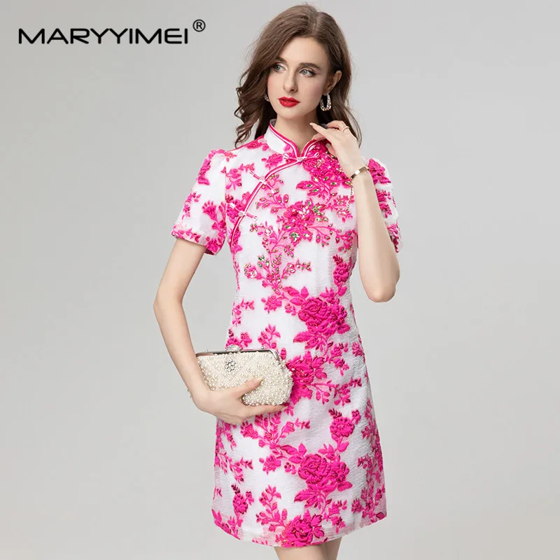 

MARYYIMEI Spring Summer Women's Stand Short-Sleeved Zipper Hot Diamond Chinese Style Vintage Party Prom Dress