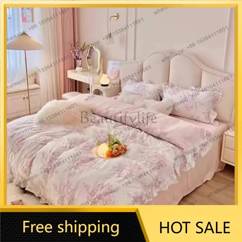 LJY Designs White Double Bed Elegant Nordic Beige Girl Italian Double Bed Princess Modern Lounge Letto Matrimoniale Furniture Ho