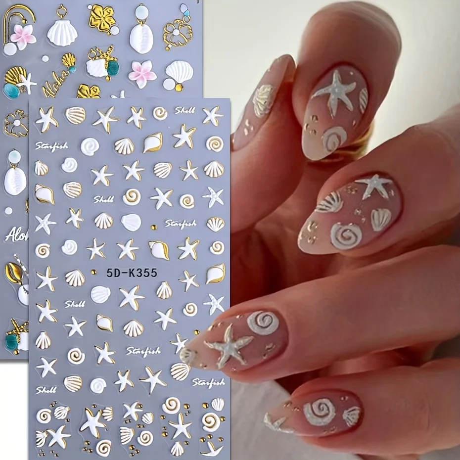 Sommerliche Ozean-Nagelkunst-Sticker mit Prägung – Muschel-, Seestern- und Blumenmuster, selbstklebende Nagel-Abziehbilder, 3D-Struktur DIY Nageldekorationen für