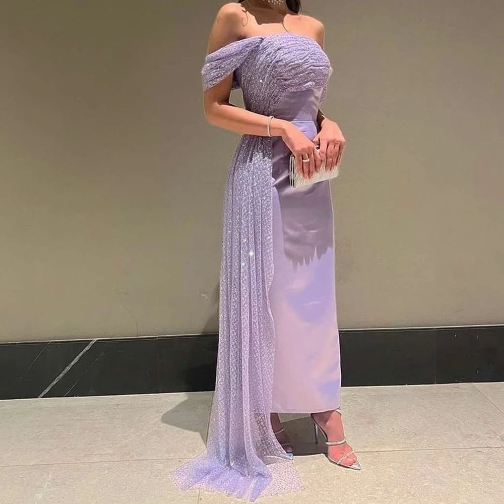 Customized Fashion Satin Straight Off the Shoulder Sequined Evening Dress Strapless Short Sleeves Panel Train Photo Color