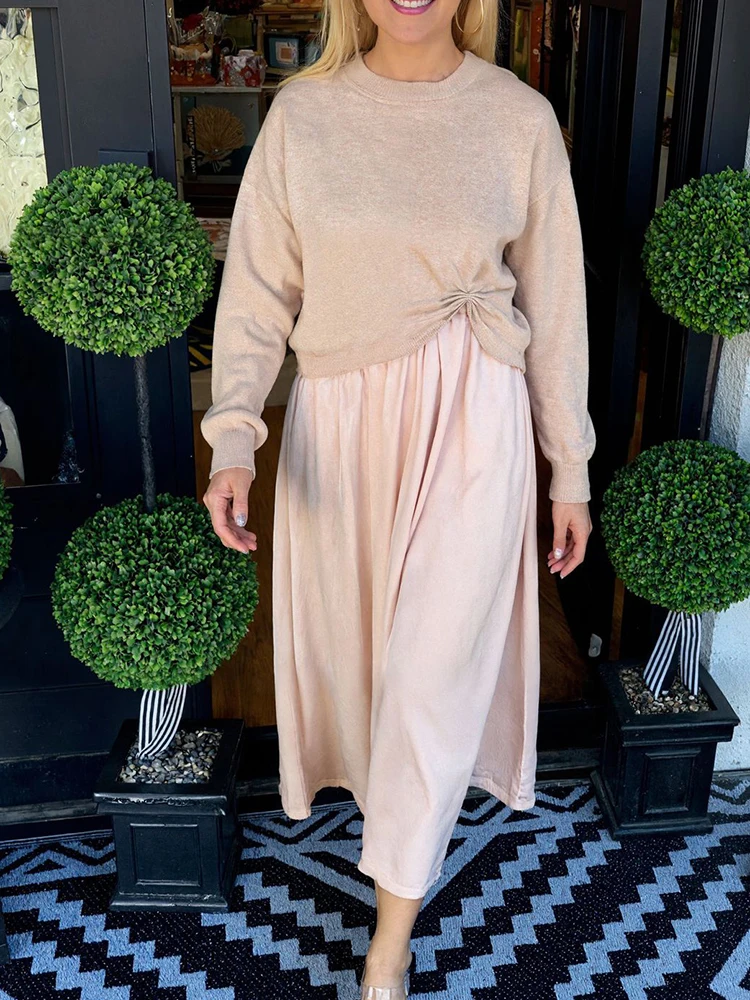 

Повседневные трикотажные топы нестандартной формы и комплекты платьев на шее, модные однотонные женские свободные наряды, элегантные комплекты из двух предметов с длинными рукавами