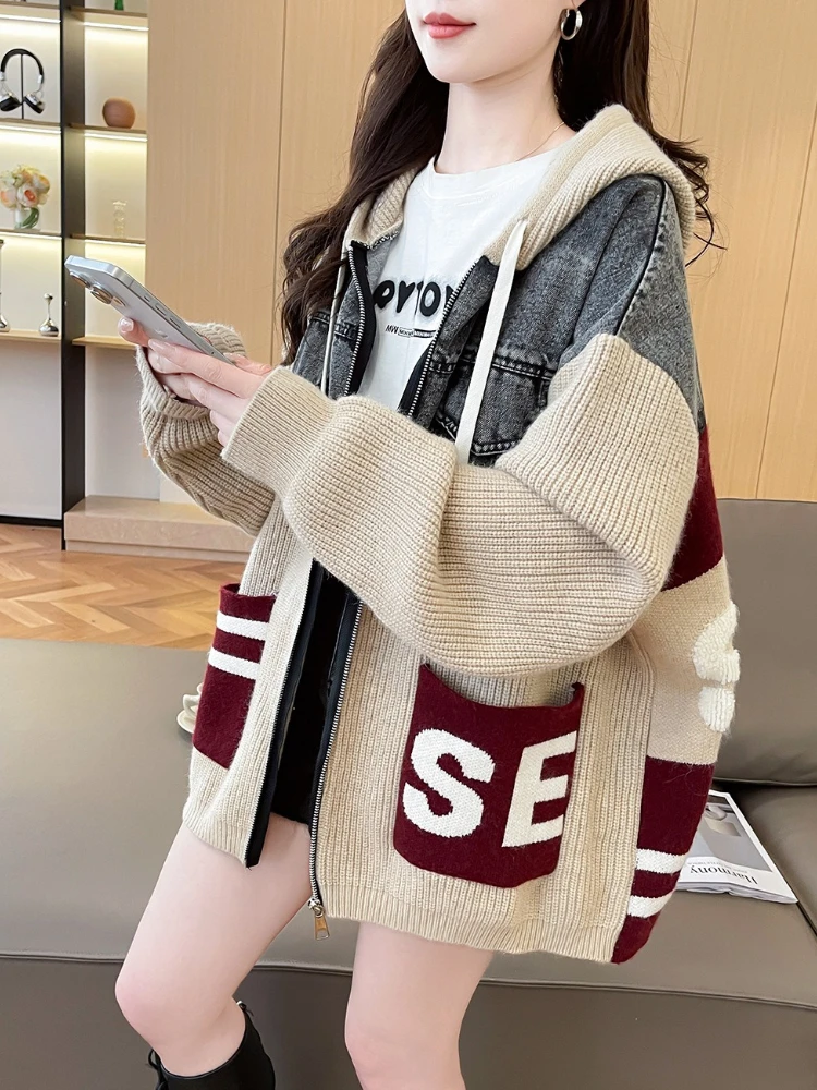カーディガン女性コートフード付きジッパージャケットセーターカジュアルルーズジャンパー Y2k ストリートエレガントニットオープンステッチ秋冬