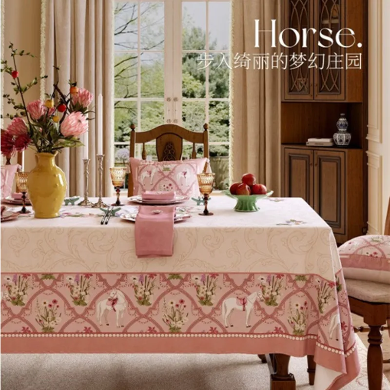 Vintage French Horse Floral Velvet Tablecloth Waterproof Anti-slip Dining Table Cover for Home Kitchen Wedding Party Decro 240cm