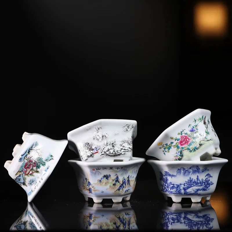 Traditional Chinese ceramic flower pots hexagonal flower pots landscape miniature flower pots modern exquisite handicrafts