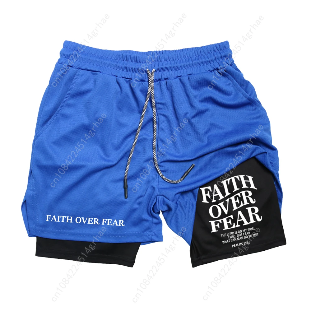 Men's Workout Running Shorts Dual Layer Summer Athletic Faith Over Fear Letter Print Shorts For Training Outdoor Sports Summer