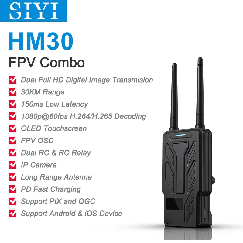 SIYI HM30 Full HD Digital Video Link Radio System Transmitter Remote Control OLED Touchscreen 1080p 60fps 150ms FPV OSD 30KM