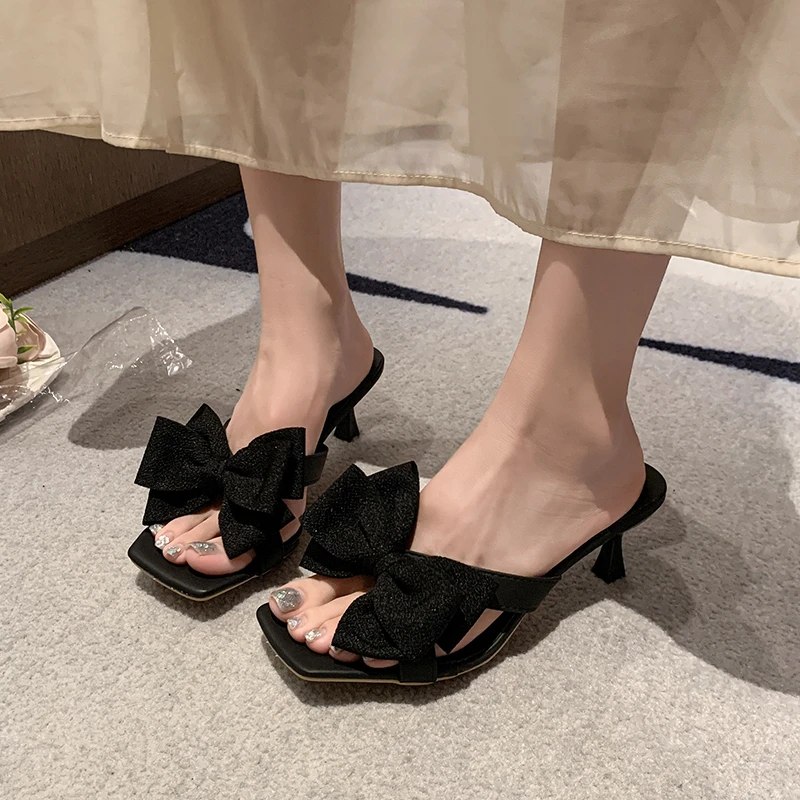 

Niche High Heels Women 2026 New Summer Bow Square Toe Open Toe French Sandals and Slippers