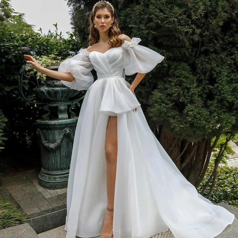 Boho High Split Beach Wedding Dresses Detachable Bubble Sleeve Bridal Gowns Pleated White Prom Evening Gowns vestido de novia