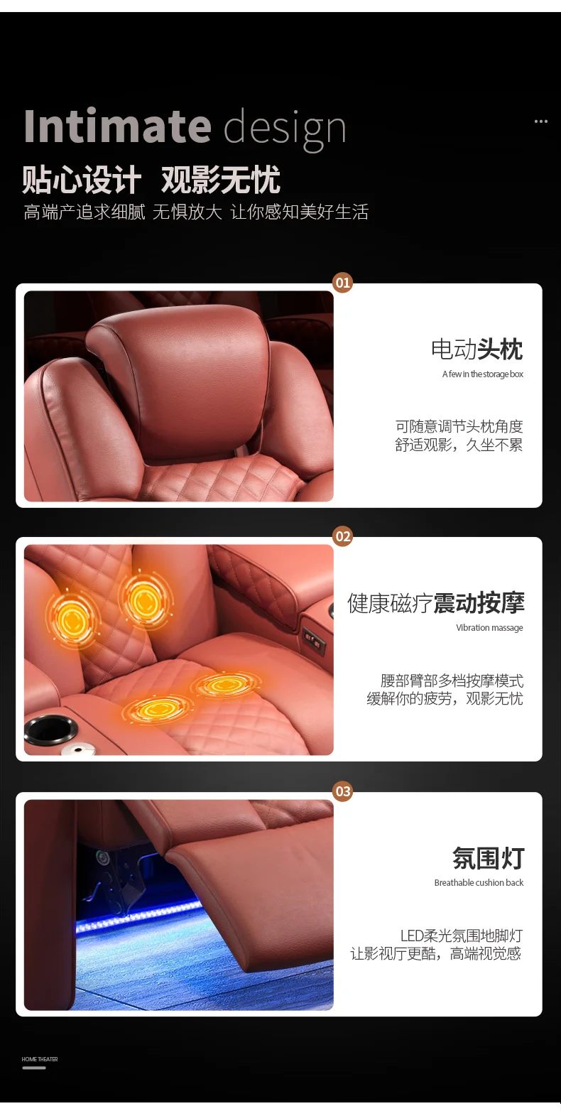 Sofás reclináveis modernos de couro creme para home theater com porta USB para sala de estar, escola e academia, móveis para cadeira de cinema