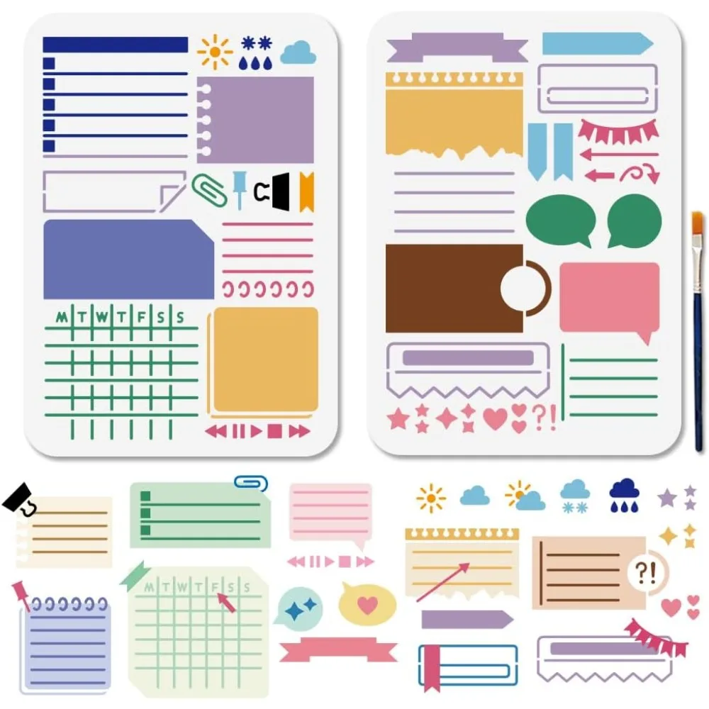 2Pcs Planner Stencils Handbook Notes Drawing Stencils 11.7×8.3inch with Paint Brush Reusable Program Form Templates