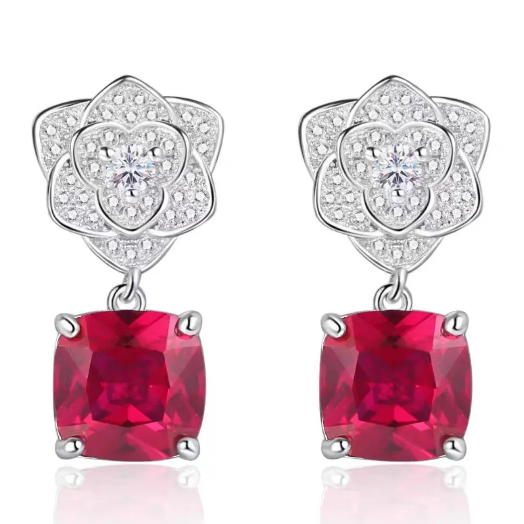 

S925 Silver Camellia Necklace Red Corundum Petal Flower Stud Earrings Set Light Luxury Premium Clavicle Mother's Day Gift