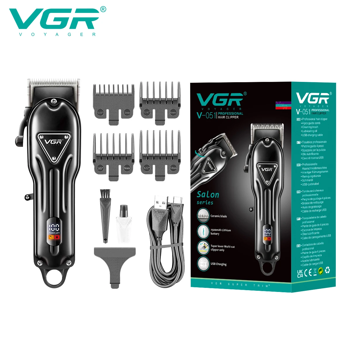 VGR Hair Trimmers  Hair Clipper for Men Barber  Hair Cutting Machine 2500 MAh Battery LED Display Push Rod Stainless Steel Blade