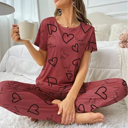 Autumn Fashion Home Pajama Suit Women Sleepwear Pijama Milk Silk Short Sleeve Top with Pants 2 Piece Pajamas for Ladies Lingerie