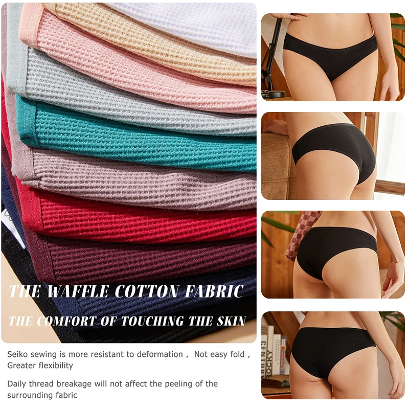 3PCS/Set Women Waffle Cotton Panties Sexy Lingerie Female Underwear For Woman Underpant Briefs Girls Solid Colors Intimate Panty