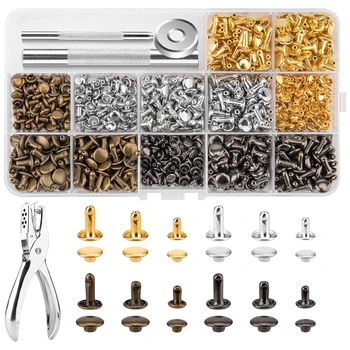 480/360/240pcs Leather Rivets Double Cap Rivet Tubular Metal Studs with Punch Pliers Fixing Set for DIY Leather Craft Rivets Rep