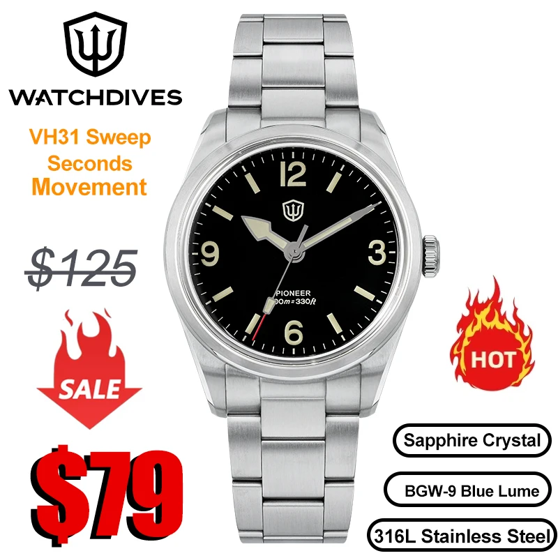 

Watchdives WD1960S V2 Quartz Watch New Sapphire Luminous Watches VH31 Sweep Movement 100m Waterproof Mens Vintage Watches