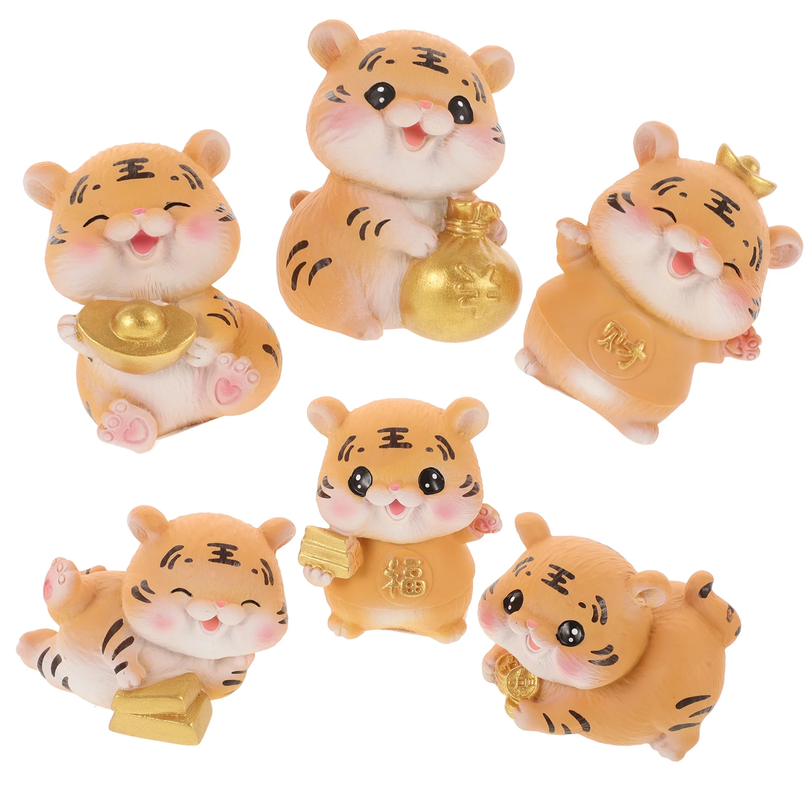 6 Pcs Animal Lucky Tiger Ornament Crafts Decors Home Desktop Hat Car Interior Golden Resin Ornaments Mounted Child