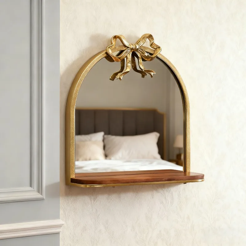 Vintage Arched Gold Mirror Antique Vanity Wall Mirrors with Storage Shelf Baroque Ornate Bow Decor for Living Room, Bathroom