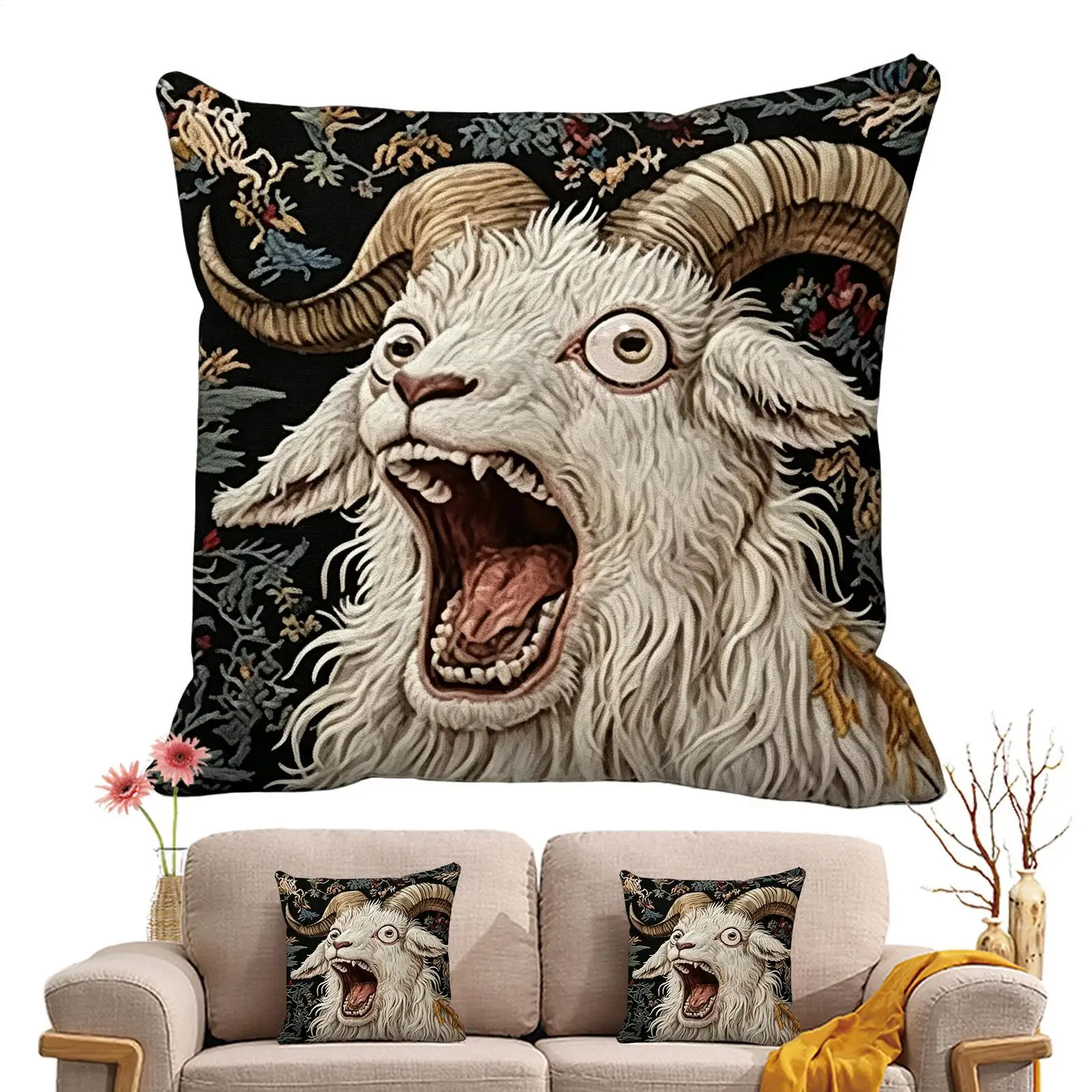 Screaming Goat Sheep Embroidered Style Printed Pillow Cover Short Plush Polyester Cushion Case Animal Pillowcase Home Decor