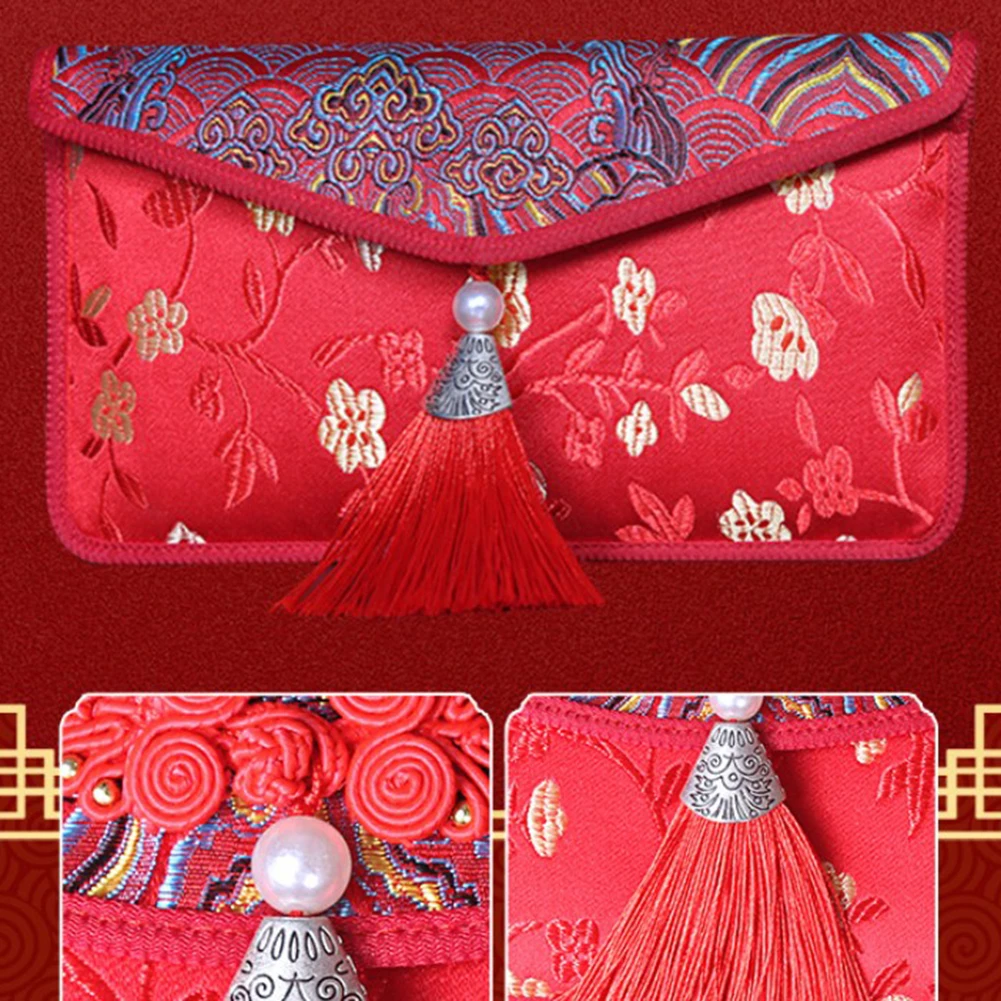 Sac à cartes d'invitation de mariage chinois traditionnel, 14-Bao, nouvel an, enveloppe rouge brodée, porte-bonheur, sac d'argent avec pompon, 2024