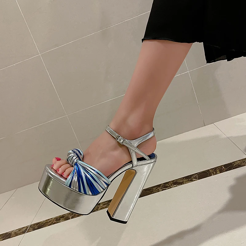 Sandalias de tacón alto sexys grueso con plataforma y Punta abierta para mujer, zapatos de gladiador con colores combinados, a la moda, para fiesta