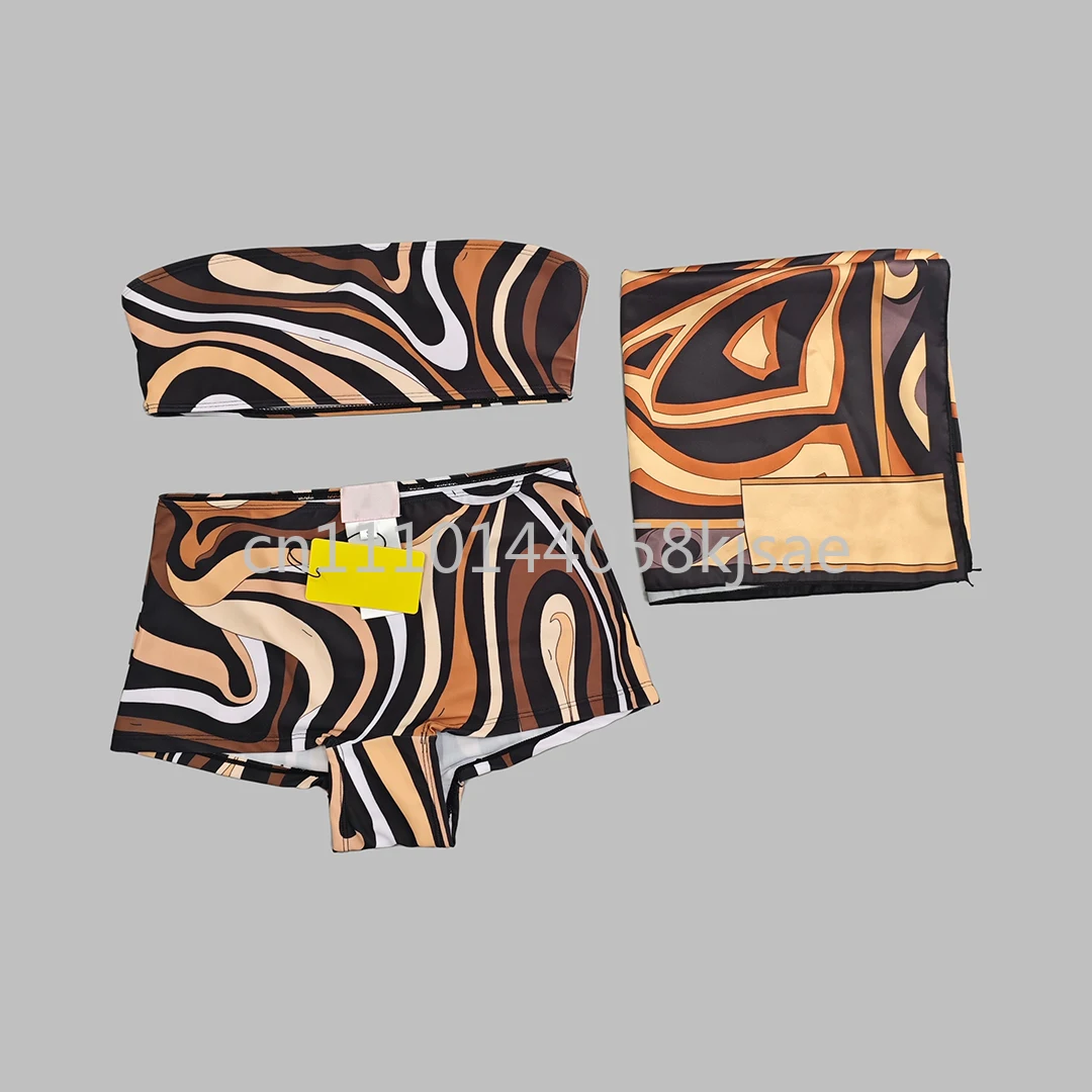 

Women's Brown Scarf Bandeau Swimsuits with Letter Signature Logo Luxury Design Women's Headband Bikini Sets Swimswear