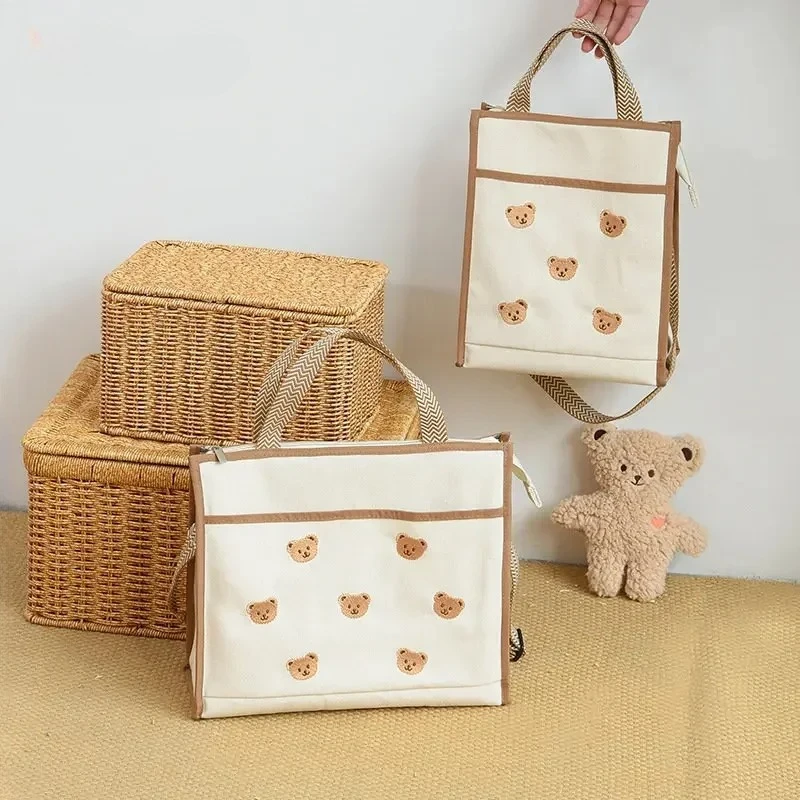 Cute Embroidery Bear Canvas Handbags Portable For Child Insulated Thermal Lunch Box Pouch Travel Baby Items Organizer Mommy Bags