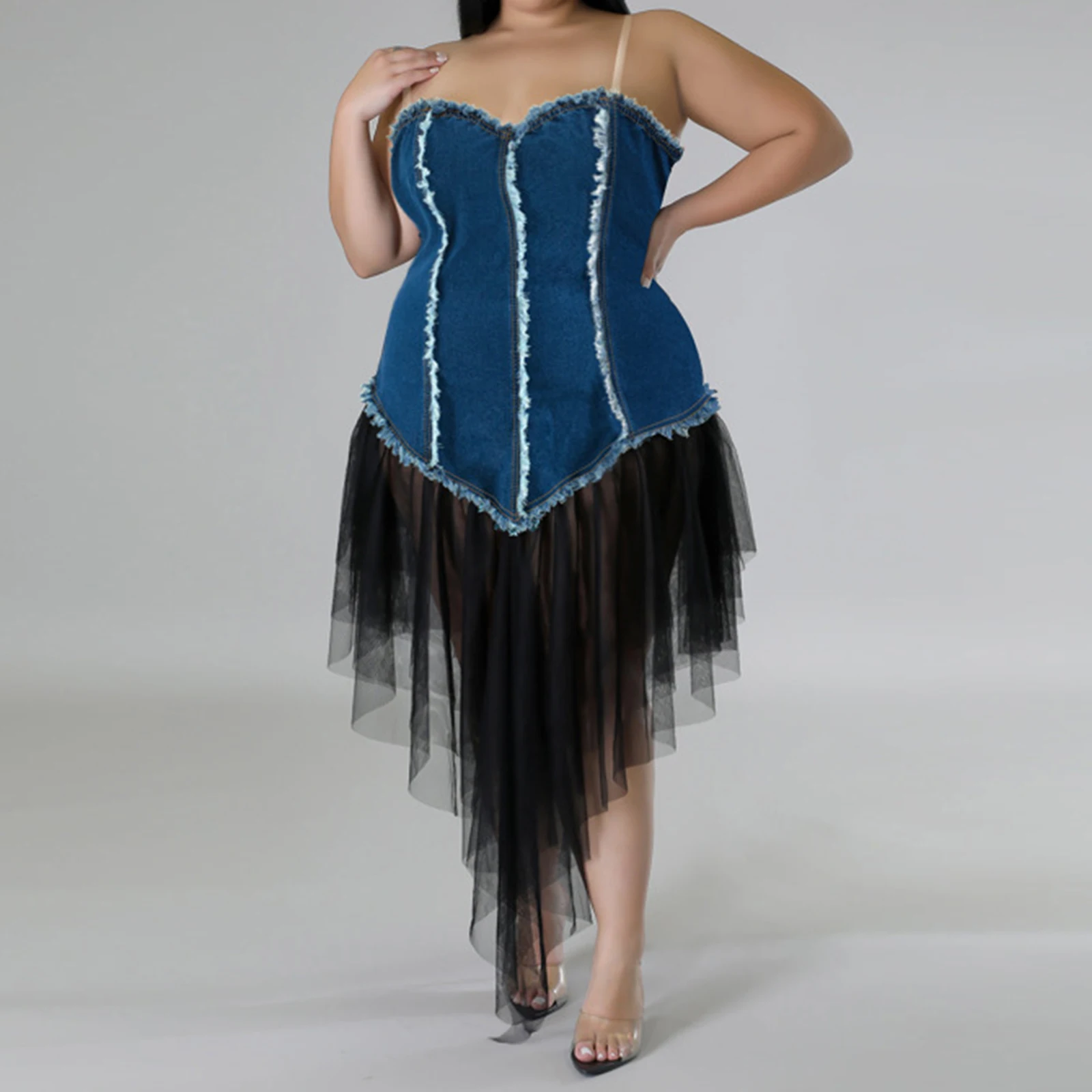 2025 Vestidos vaqueros de talla grande para mujer, vestido Sexy de verano sin mangas con tirantes finos y dobladillo de malla de retales, vestido Midi