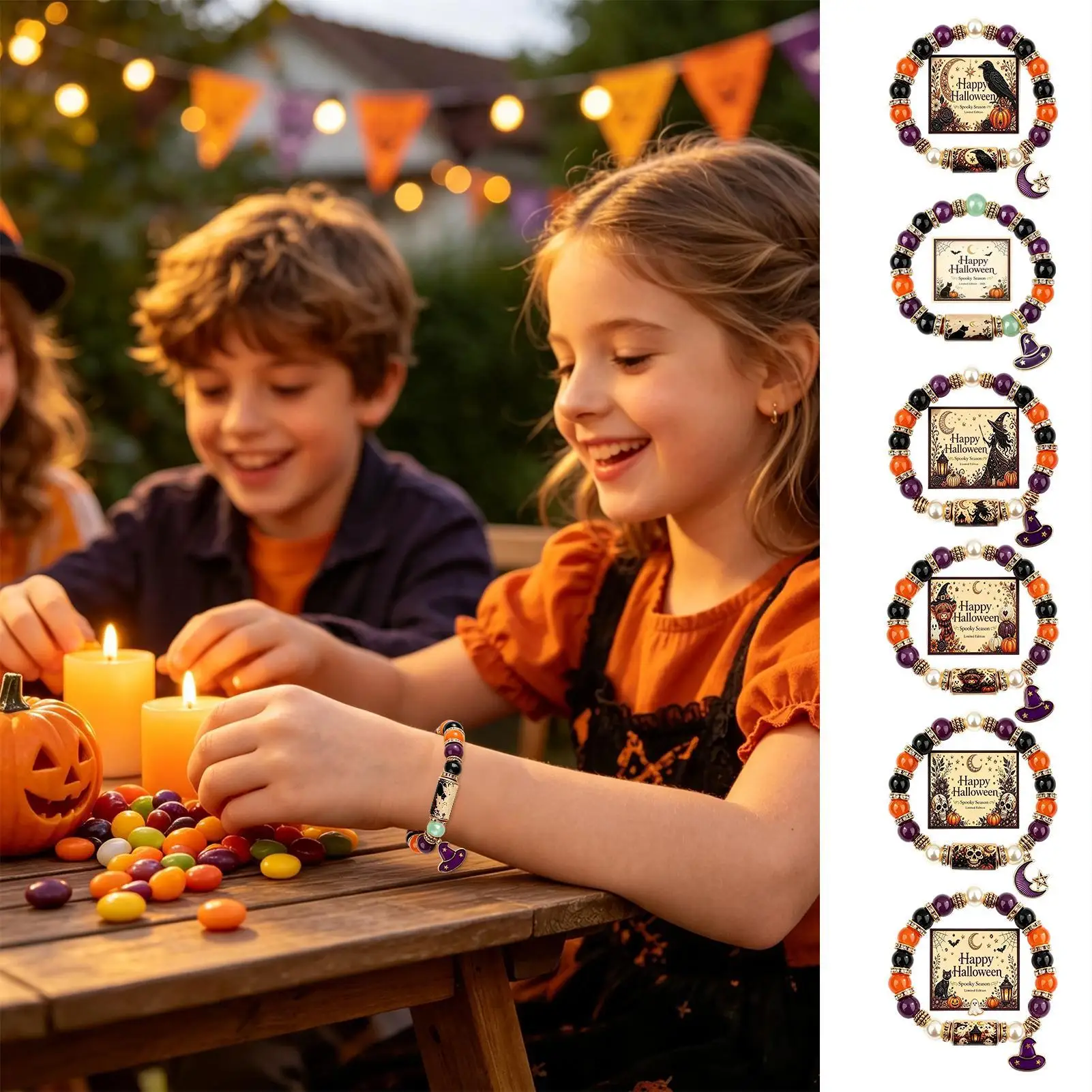 Halloween Bracelets Elastic Autumn Wristband Costume Jewelry with Card Halloween Charm Bracelet for Christmas Wedding Camping