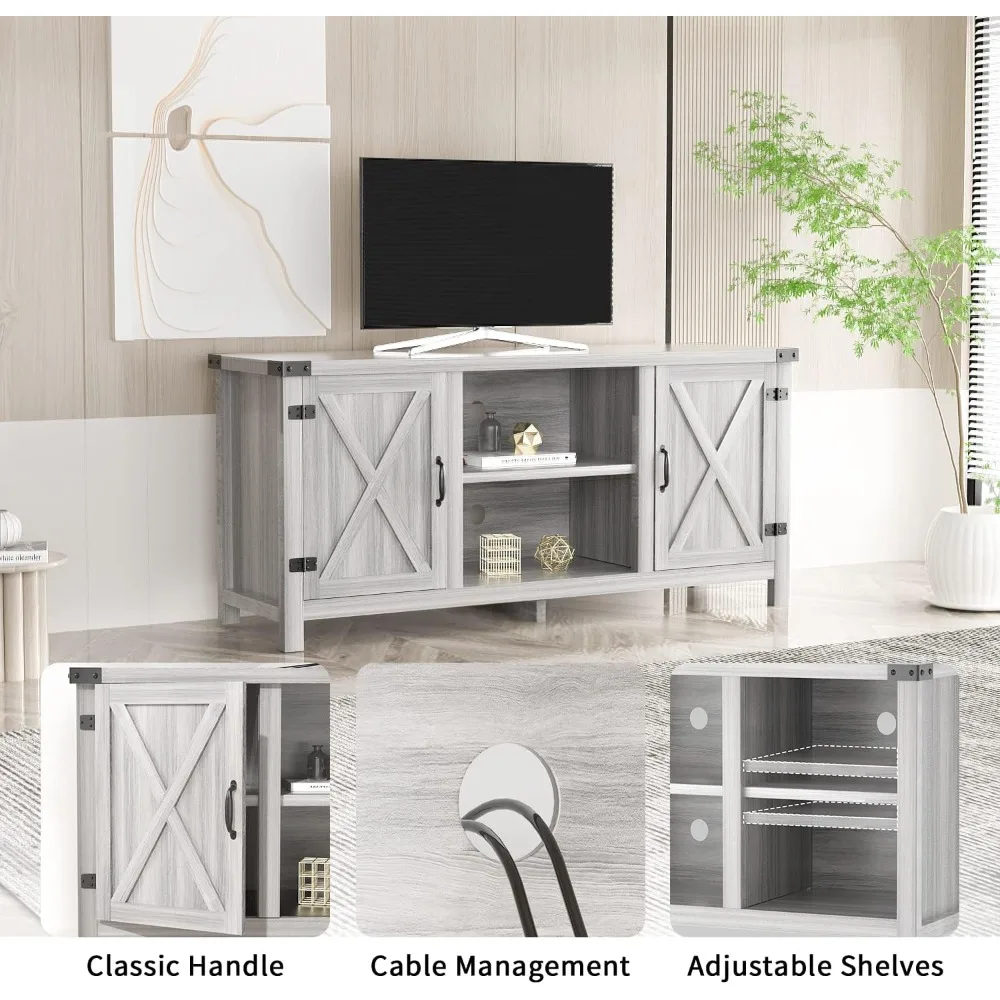 65 Suporte de TV estilo fazenda com portas duplas de celeiro e armazenamento para centro de entretenimento